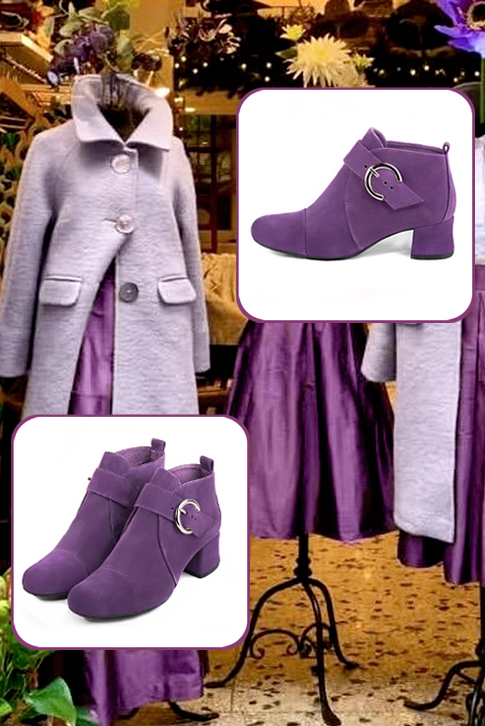Women's amethyst purple dress ankle boots, with buckles at the front. Round toe. Low flare heels - Worn view